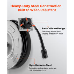VEVOR Pressure Washer Hose Reel, 65 ft x 1/4 inch Retractable Power Heavy-Duty Steel Washer Hose Reel, 3200PSI Max
