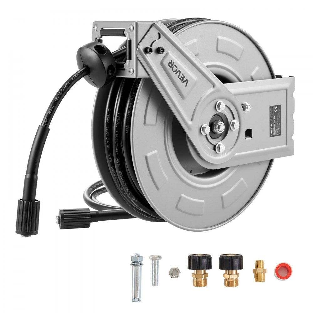 VEVOR Pressure Washer Hose Reel, 65 ft x 1/4 inch Retractable Power Heavy-Duty Steel Washer Hose Reel, 3200PSI Max