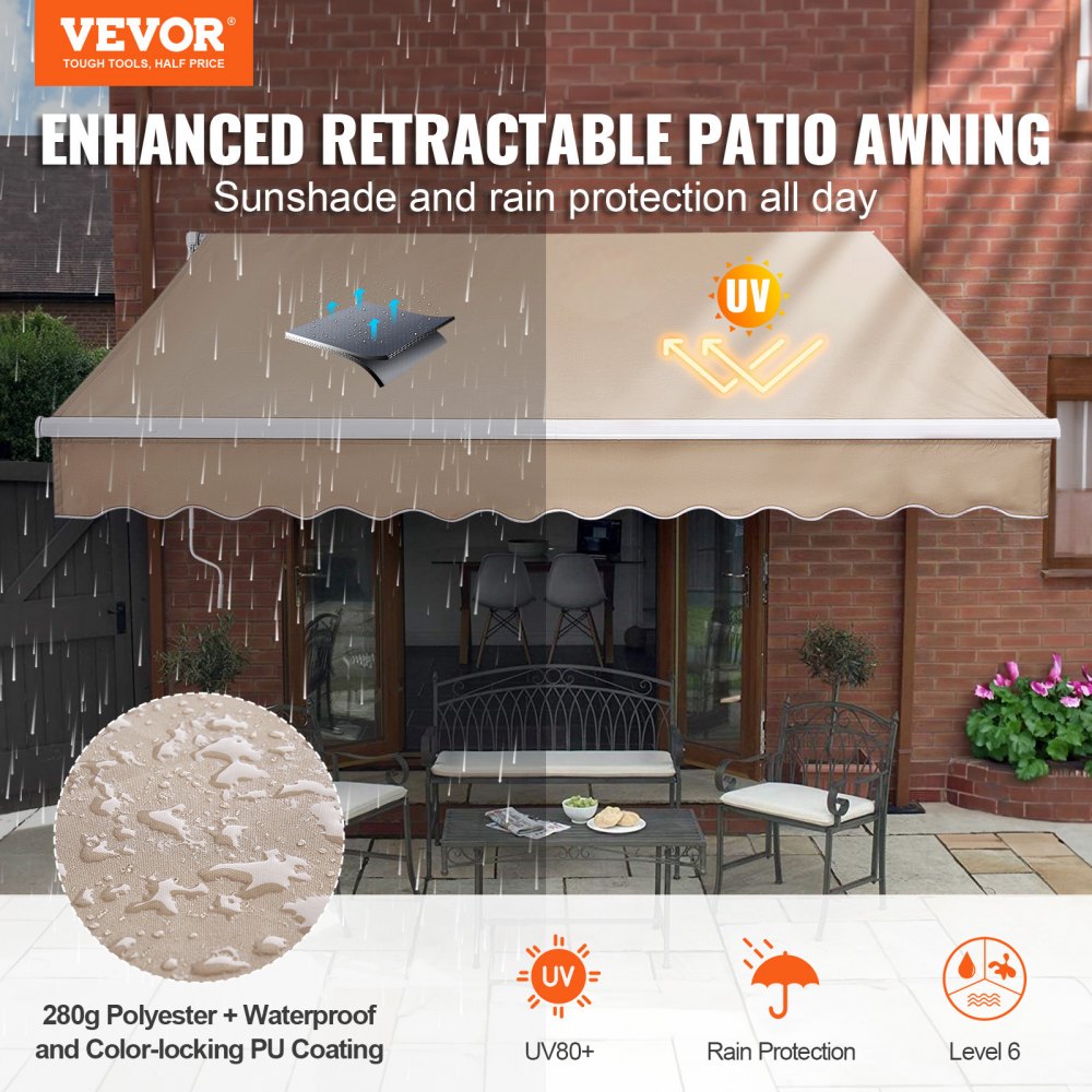 VEVOR Manual Retractable Awning, 10 x 8 ft Outdoor Patio Awning Retractable Sun Shade, Water-Resistant Polyester Patio