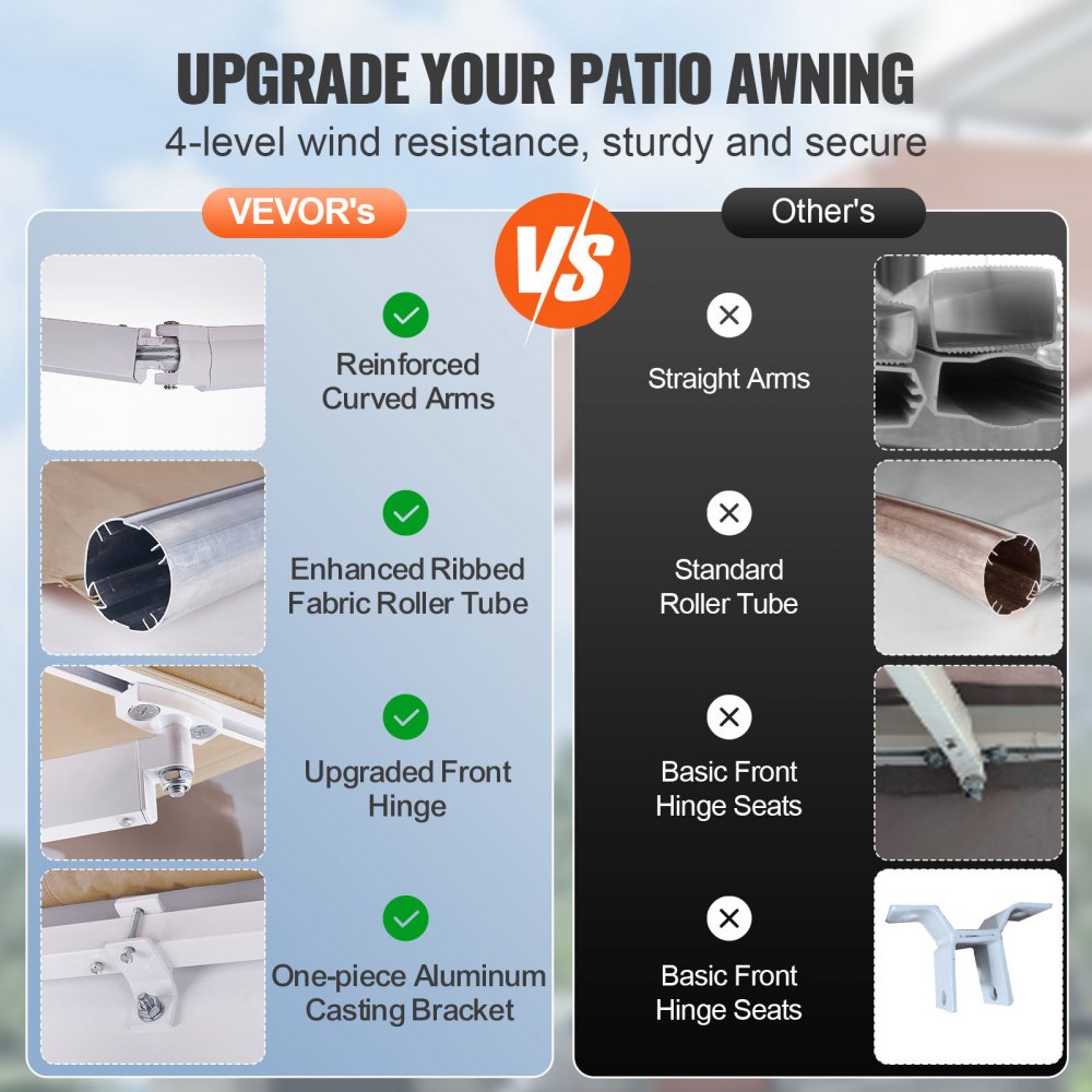 VEVOR Manual Retractable Awning, 13 x 8 ft Outdoor Patio Awning Retractable Sun Shade, Water-Resistant Polyester Patio