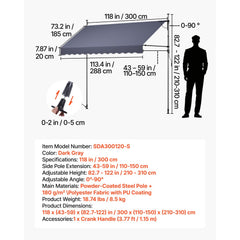 VEVOR Manual Retractable Awning, 118" Outdoor Retractable Patio Awning Sunshade Shelter, Height Adjustable Patio Door