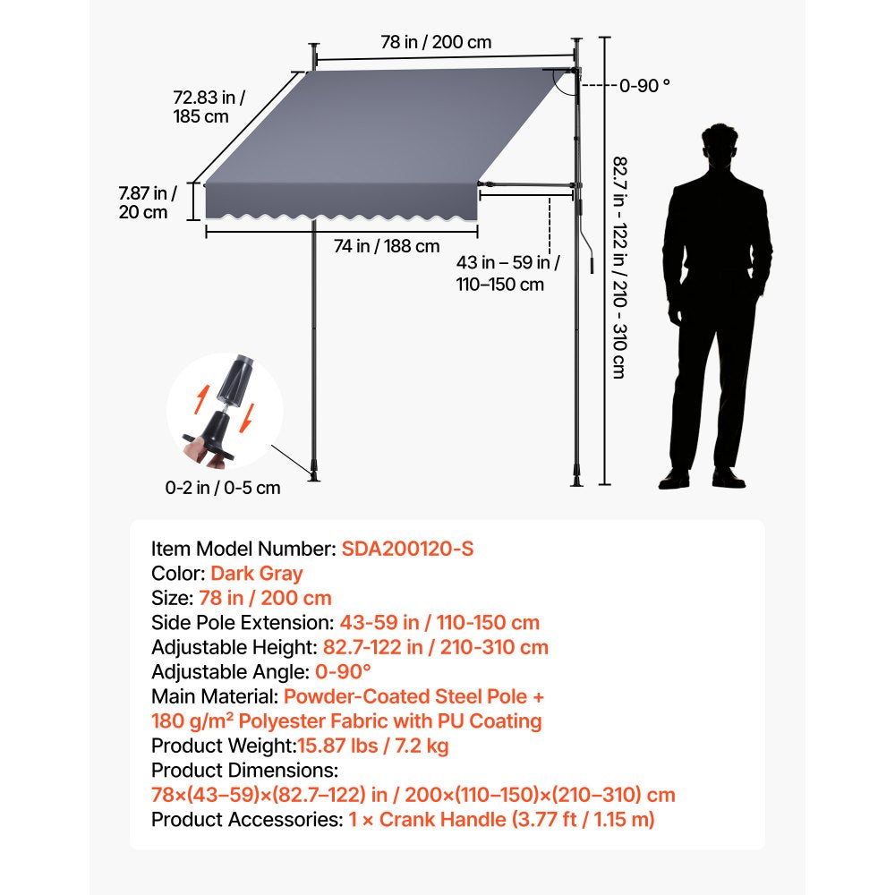 VEVOR Manual Retractable Awning, 78" Outdoor Retractable Patio Awning Sunshade Shelter, Height Adjustable Patio Door