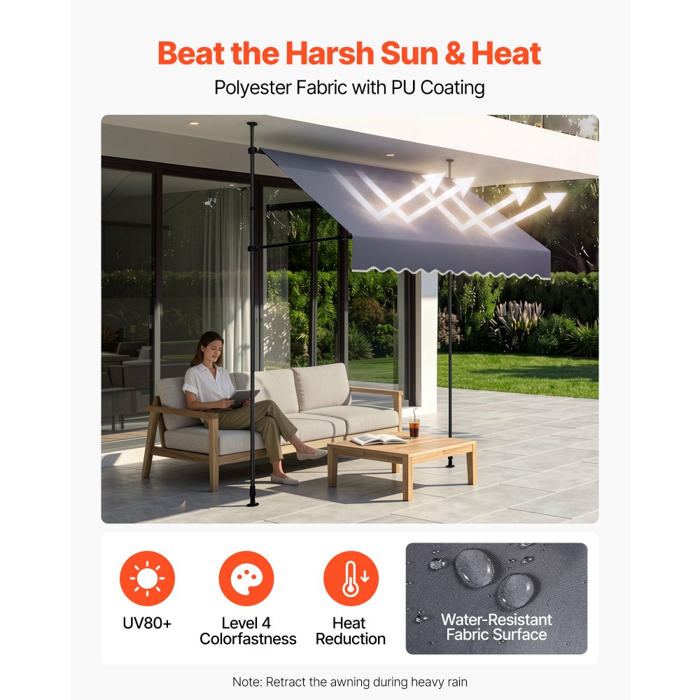 VEVOR Manual Retractable Awning, 78" Outdoor Retractable Patio Awning Sunshade Shelter, Height Adjustable Patio Door