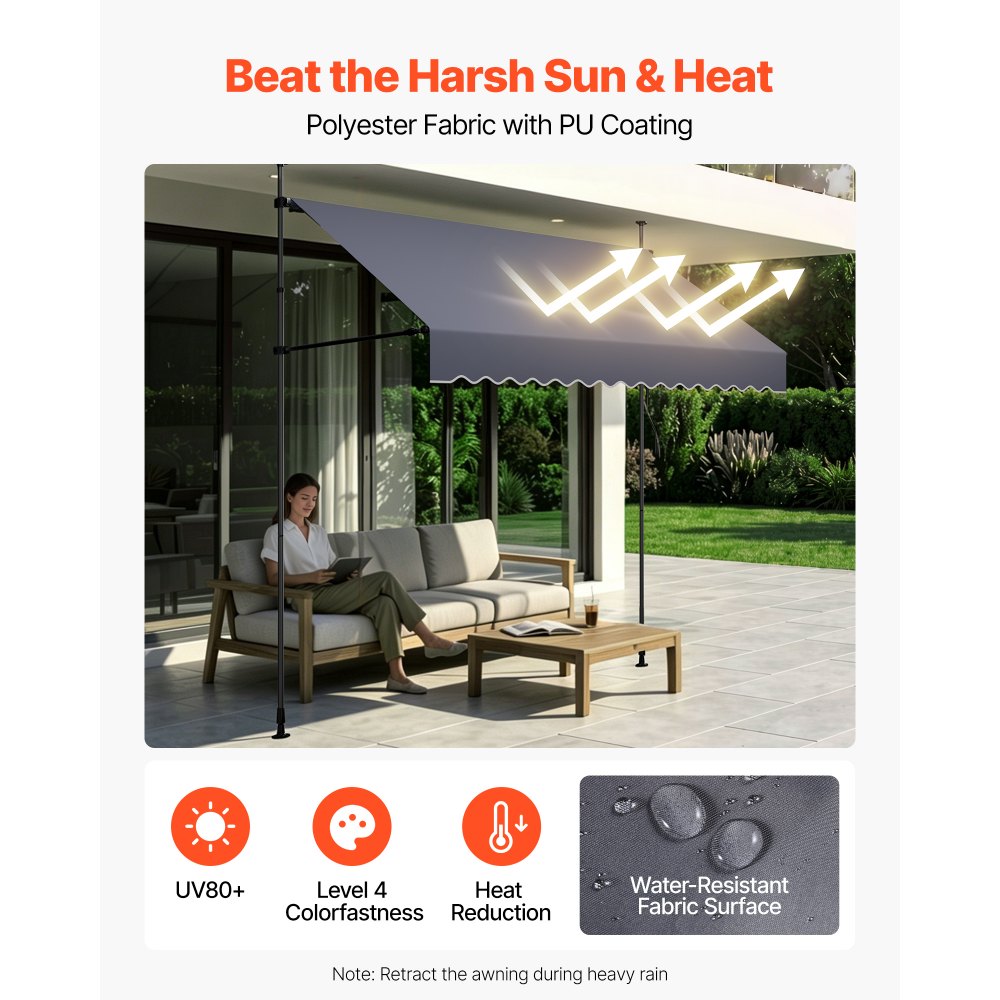 VEVOR Manual Retractable Awning, 98" Outdoor Retractable Patio Awning Sunshade Shelter, Height Adjustable Patio Door