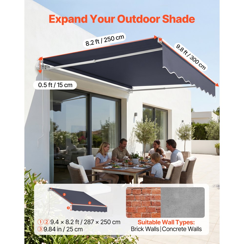 VEVOR Manual Retractable Awning, 9.8' x 8.2' Outdoor Patio Awning Retractable Sun Shade, Patio Door Window