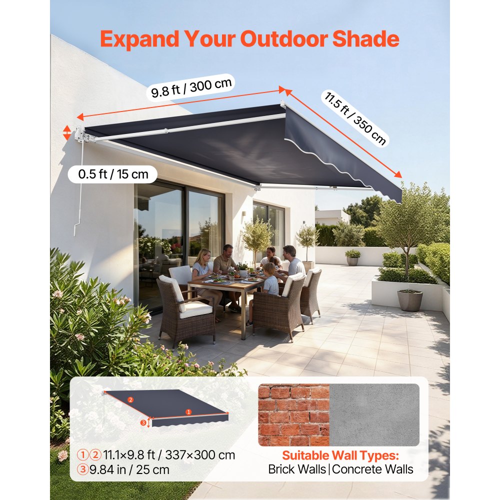 VEVOR Manual Retractable Awning, 11.5' x 9.8' Outdoor Patio Awning Retractable Sun Shade, Patio Door Window