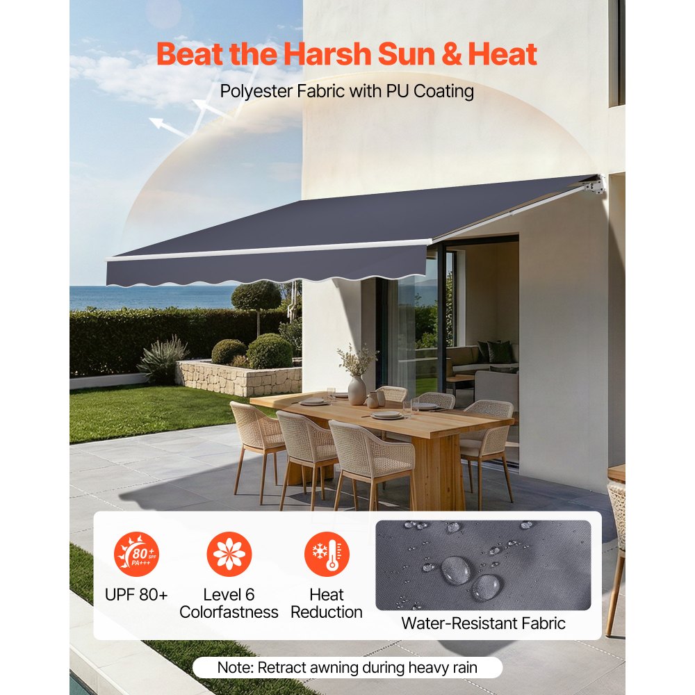 VEVOR Manual Retractable Awning, 11.5' x 9.8' Outdoor Patio Awning Retractable Sun Shade, Patio Door Window