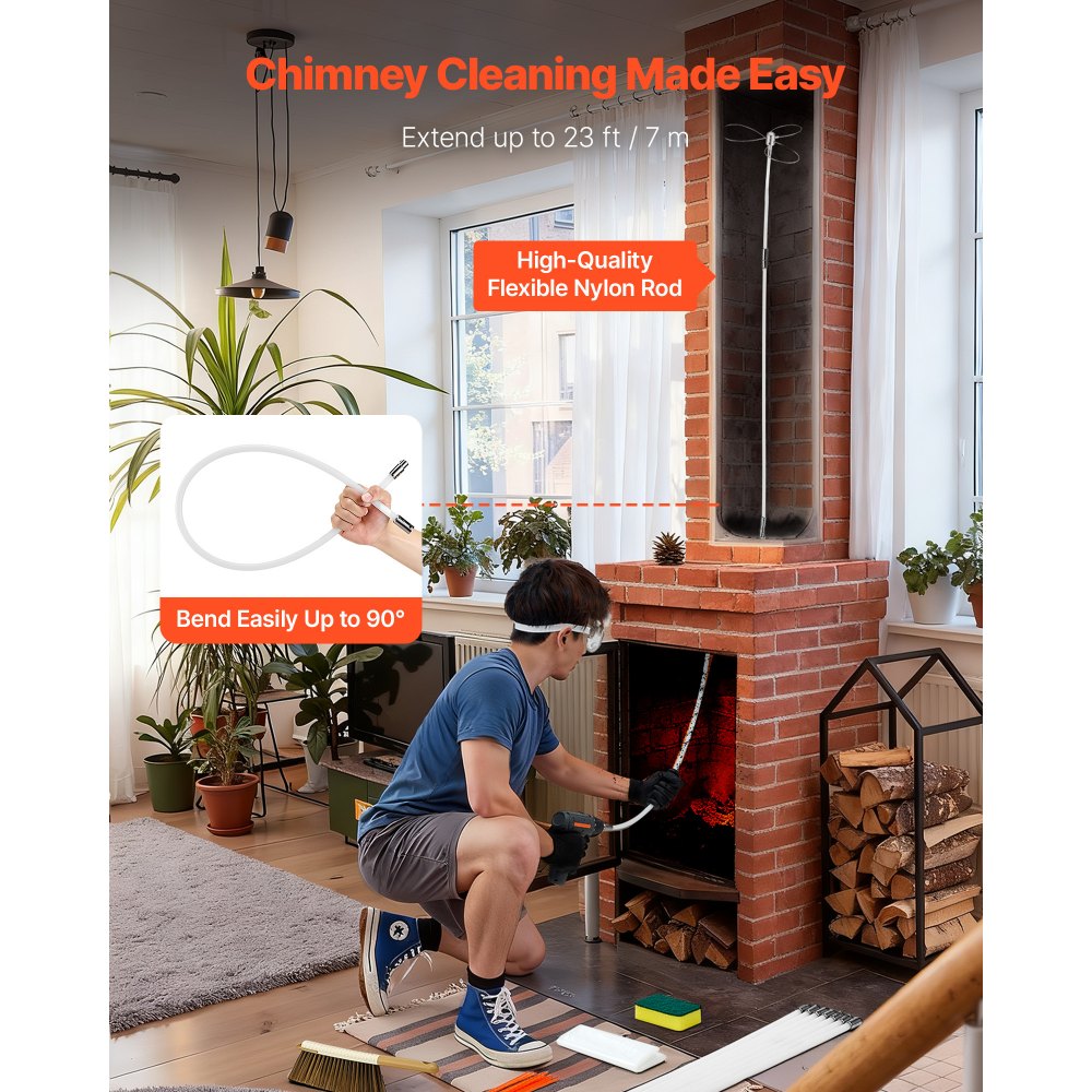 VEVOR Chimney Sweep Kit, 23 ft Maximum Extendable Length Chimney Brush, Chimney Cleaner Sweeper with Dual Brush Heads