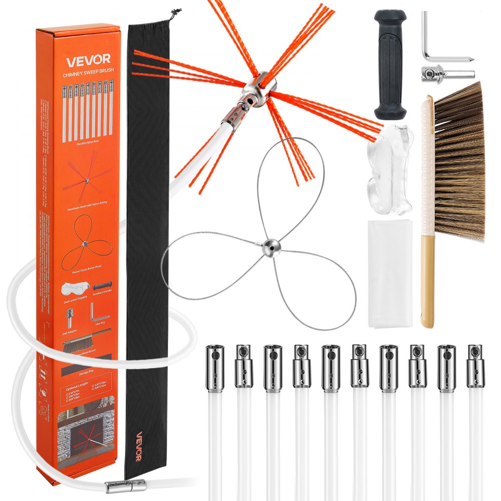 VEVOR Chimney Sweep Kit, 30 ft Maximum Extendable Length Chimney Brush, Chimney Cleaner Sweeper with Dual Brush Heads