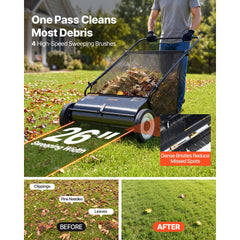 VEVOR Push Lawn Sweeper, 26-inch Leaf & Grass Collector, Strong Rubber Wheels & Heavy Duty Thickened Steel, Durable to