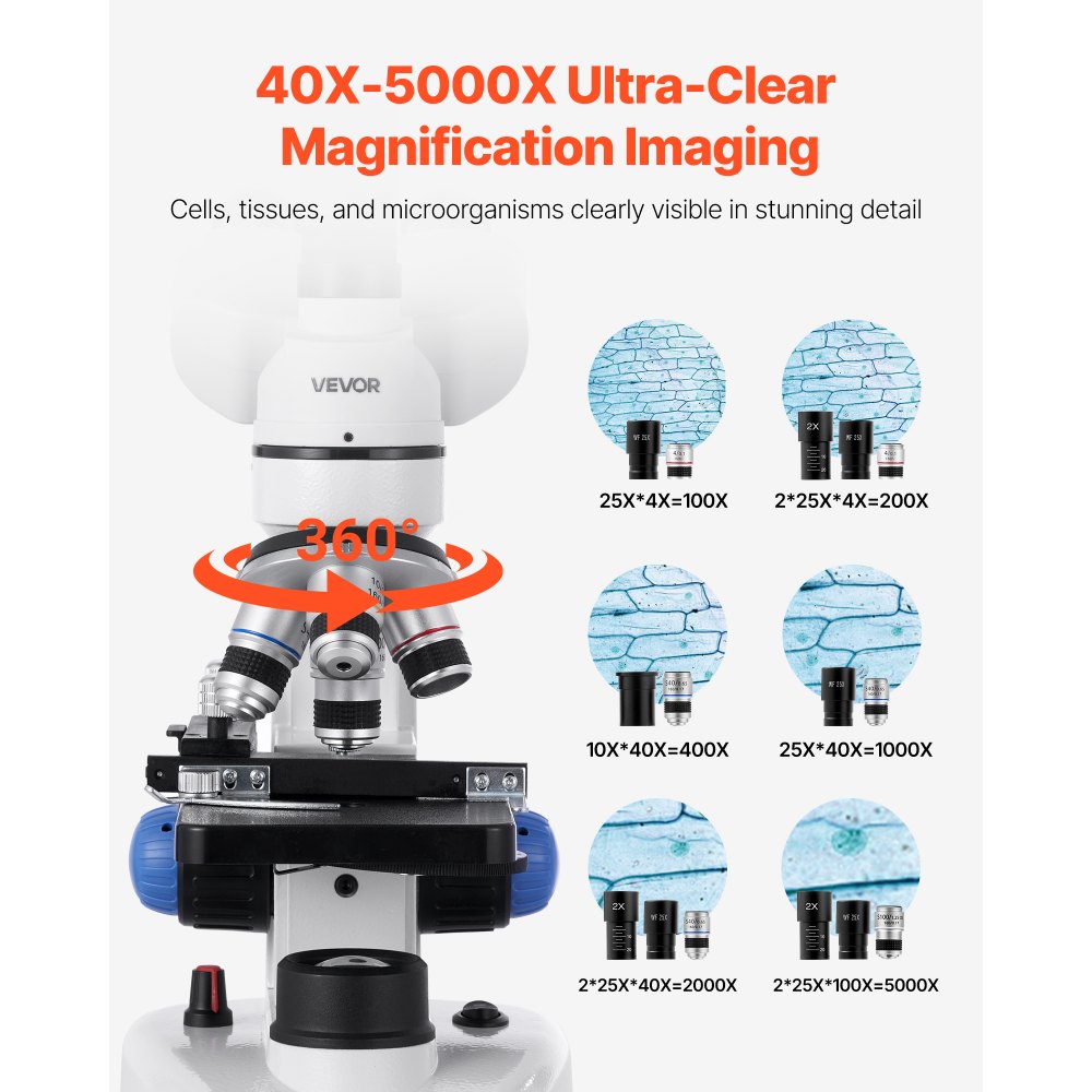 VEVOR Trinocular Microscope, 40-5000X Magnification, Professional Compound Microscope for Adult with Phone Adapter, LED