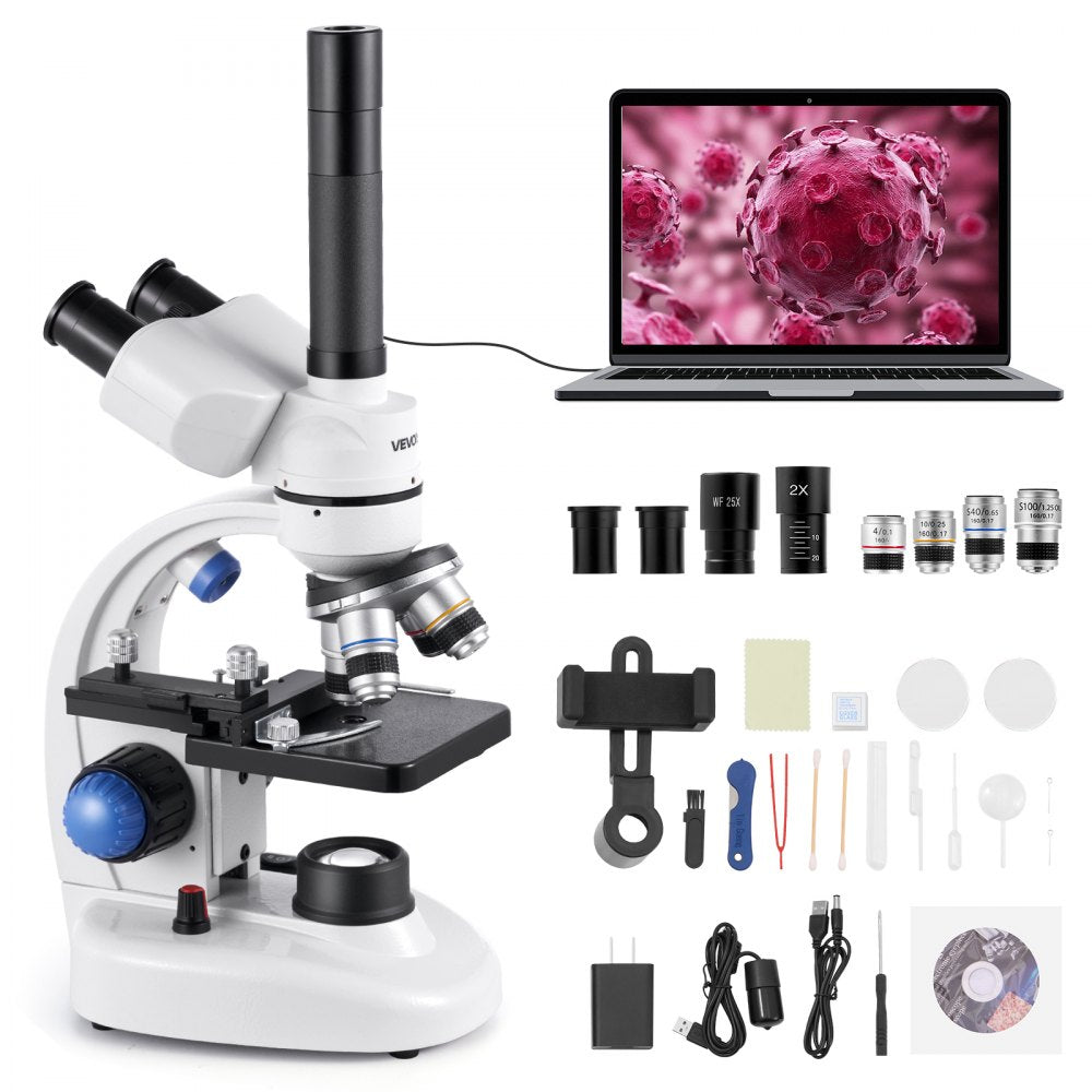VEVOR Trinocular Microscope, 40-5000X Magnification, Professional Compound Microscope for Adult with Phone Adapter, LED