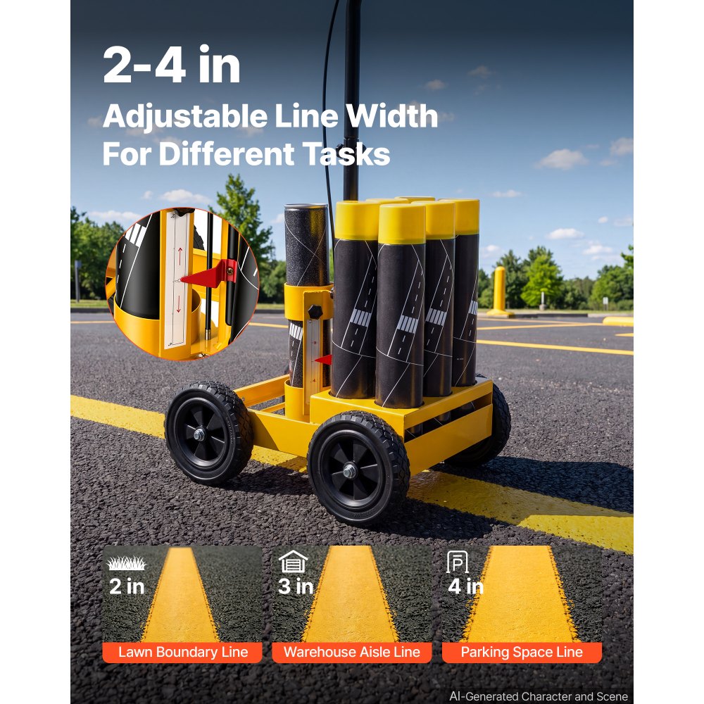 VEVOR Striping Line Marking Machine 6-Can Capacity Yellow with 4 Wheels, Parking Lot Striping Machine, 2 to 4 in