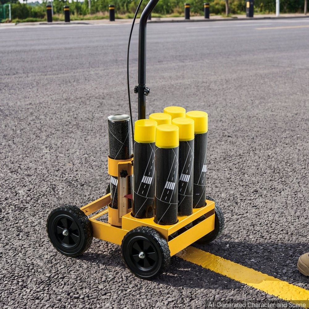 VEVOR Striping Line Marking Machine 6-Can Capacity Yellow with 4 Wheels, Parking Lot Striping Machine, 2 to 4 in