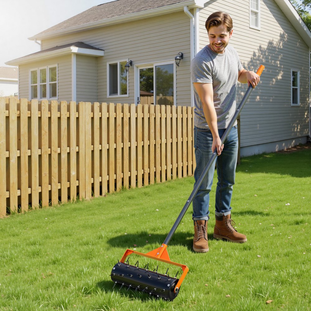 VEVOR Rolling Lawn Aerator, 15 in Manual Push Aerator Roller with 42 Spikes & 60 in Long Handle, Fillable Drum for
