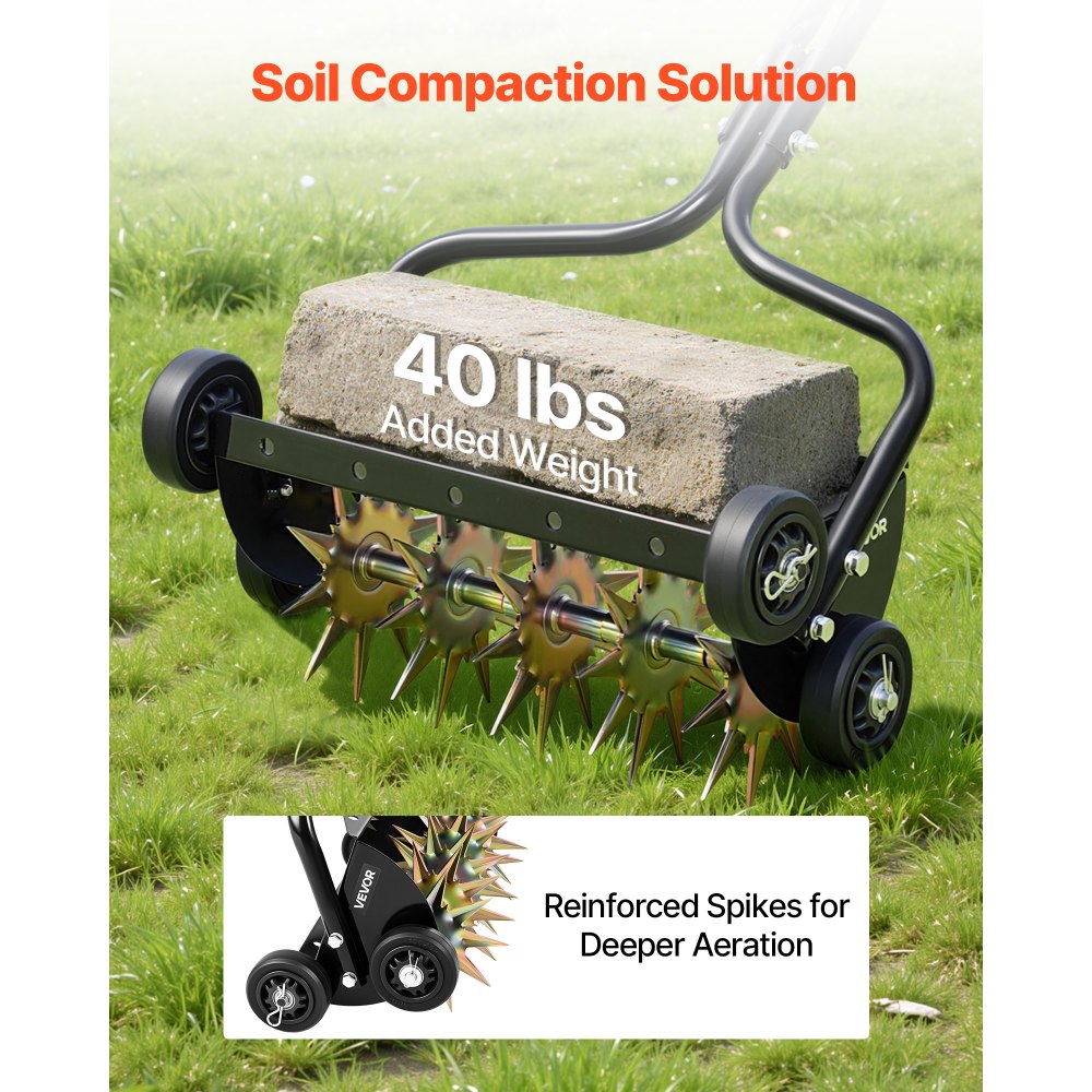 VEVOR Lawn Aerator, 18 in Manual Push Spike Aerator with 4 Wheels & Handle, Heavy Duty Grass Aerators, Supports 40 lbs