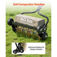 VEVOR Lawn Aerator, 18 in Manual Push Spike Aerator with 4 Wheels & Handle, Heavy Duty Grass Aerators, Supports 40 lbs