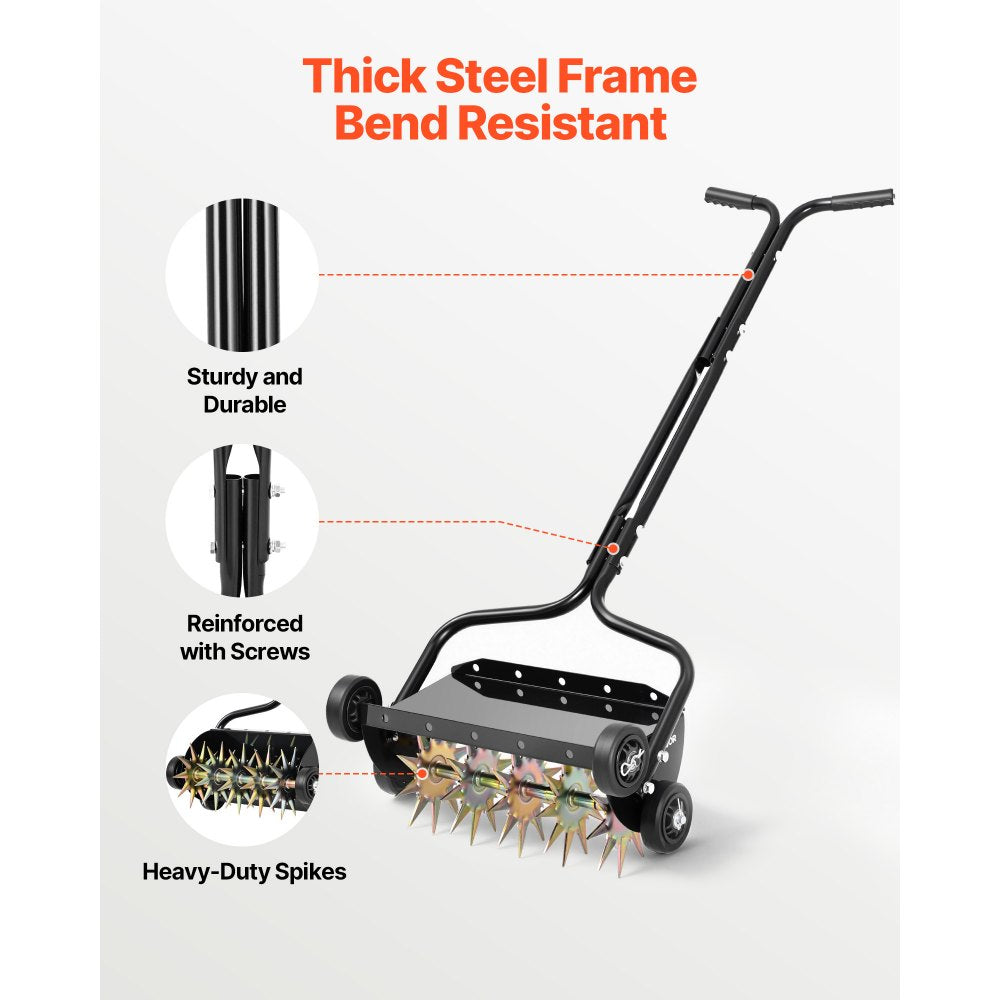 VEVOR Lawn Aerator, 18 in Manual Push Spike Aerator with 4 Wheels & Handle, Heavy Duty Grass Aerators, Supports 40 lbs