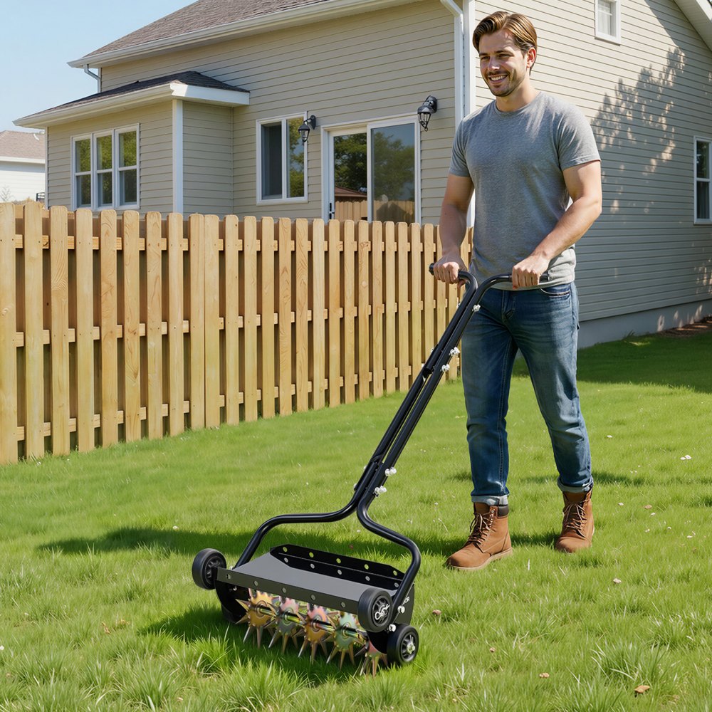 VEVOR Lawn Aerator, 18 in Manual Push Spike Aerator with 4 Wheels & Handle, Heavy Duty Grass Aerators, Supports 40 lbs