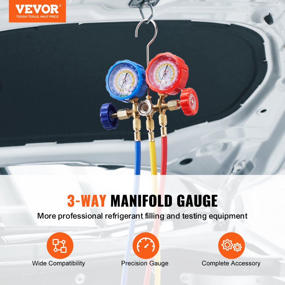 VEVOR AC Gauge Set - 3 Way AC Manifold Gauge Set for R134A R22 R12 R502 Refrigerant, Freon Gauges with 5ft Hoses