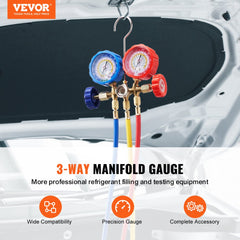 VEVOR AC Gauge Set - 3 Way AC Manifold Gauge Set for R134A R22 R12 R502 Refrigerant, Freon Gauges with 5ft Hoses