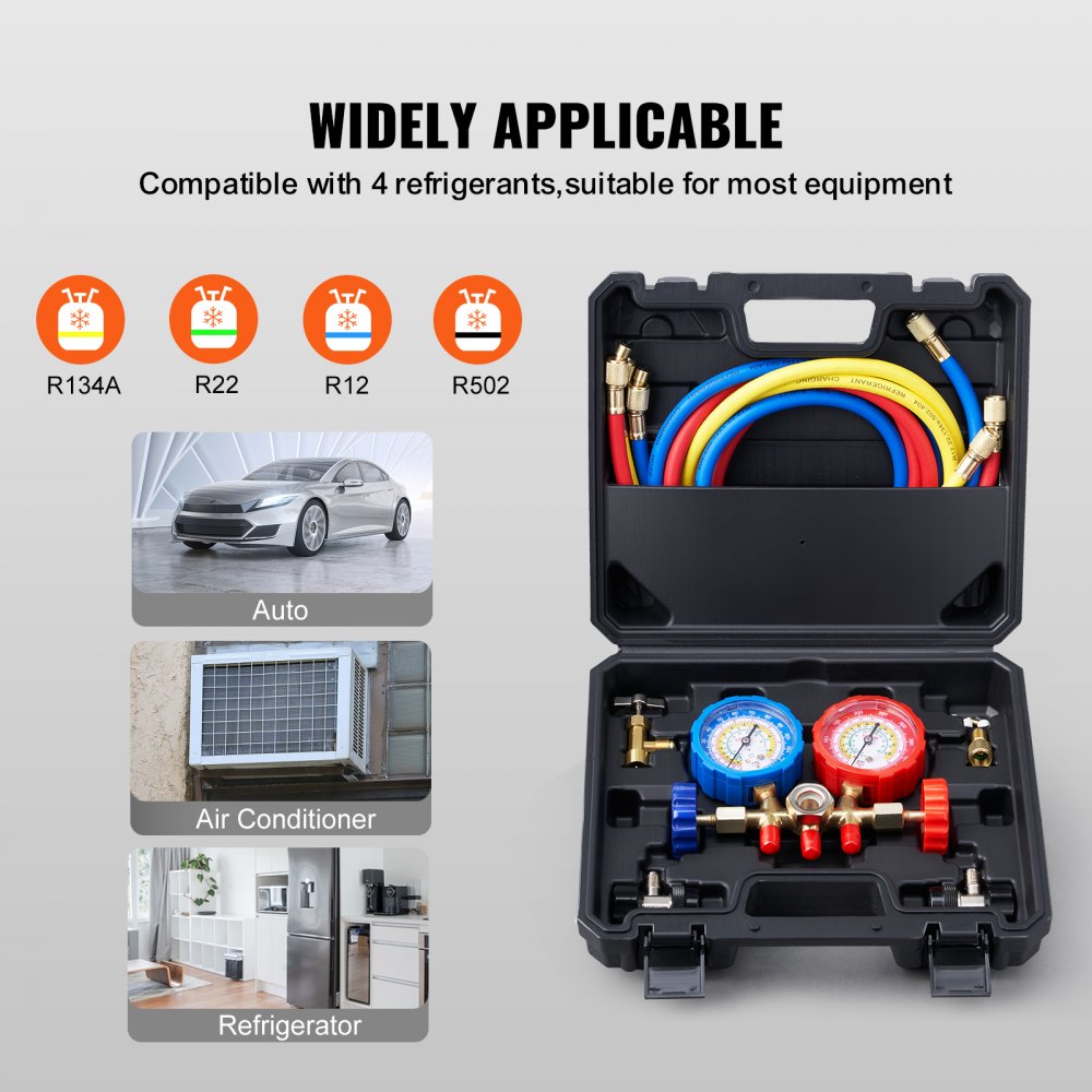 VEVOR AC Gauge Set - 3 Way AC Manifold Gauge Set for R134A R22 R12 R502 Refrigerant, Freon Gauges with 5ft Hoses