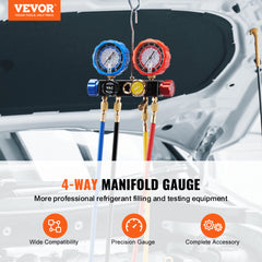 VEVOR 4 Way AC Gauge - AC Manifold Gauge Set for R134A R22 R12 R410A Refrigerant, Freon Gauges with 5ft Hoses