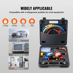 VEVOR 4 Way AC Gauge - AC Manifold Gauge Set for R134A R22 R12 R410A Refrigerant, Freon Gauges with 5ft Hoses