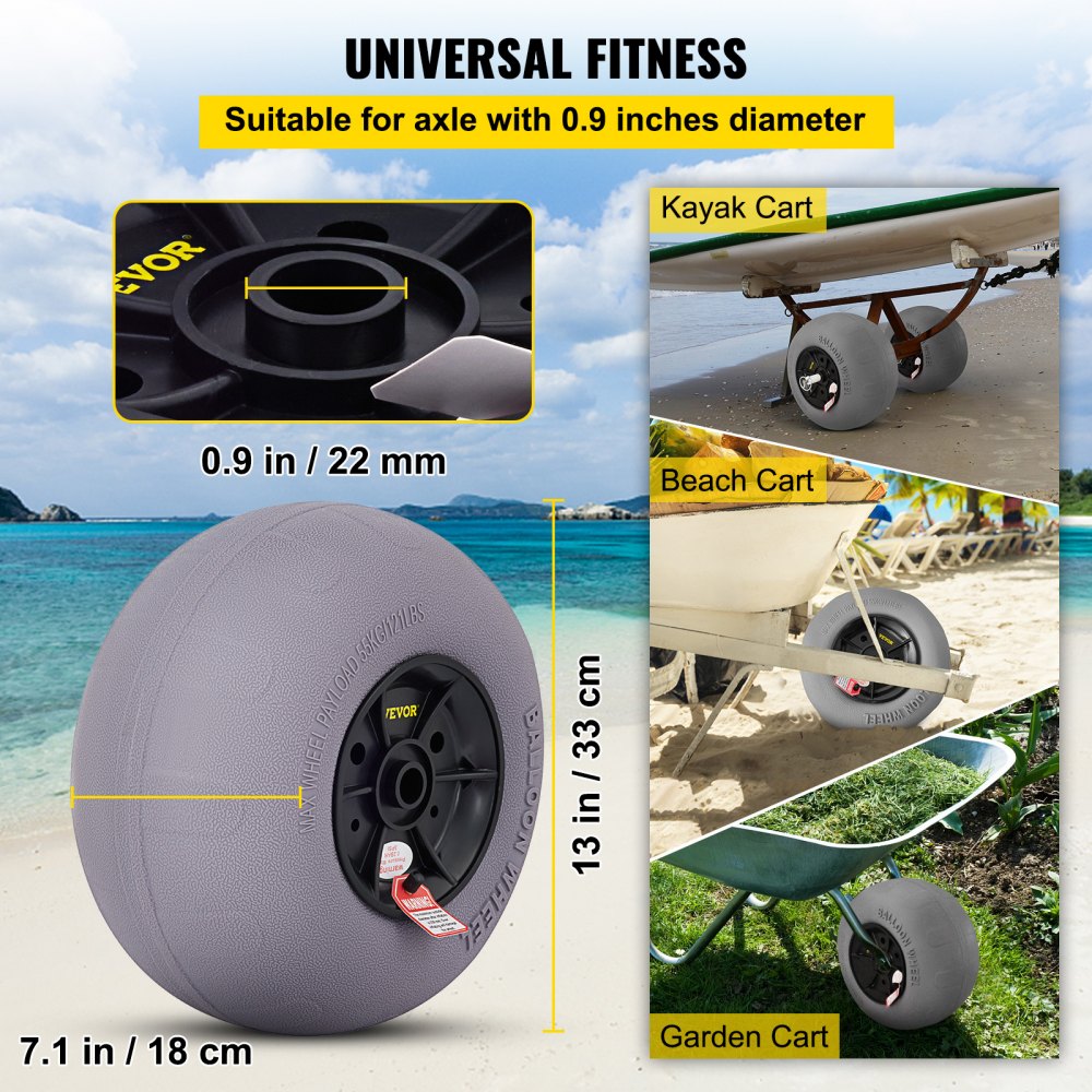 VEVOR Beach Balloon Wheels, 13" Replacement Sand Tires, TPU Cart Tires for Kayak Dolly, Canoe Cart and Buggy with Free