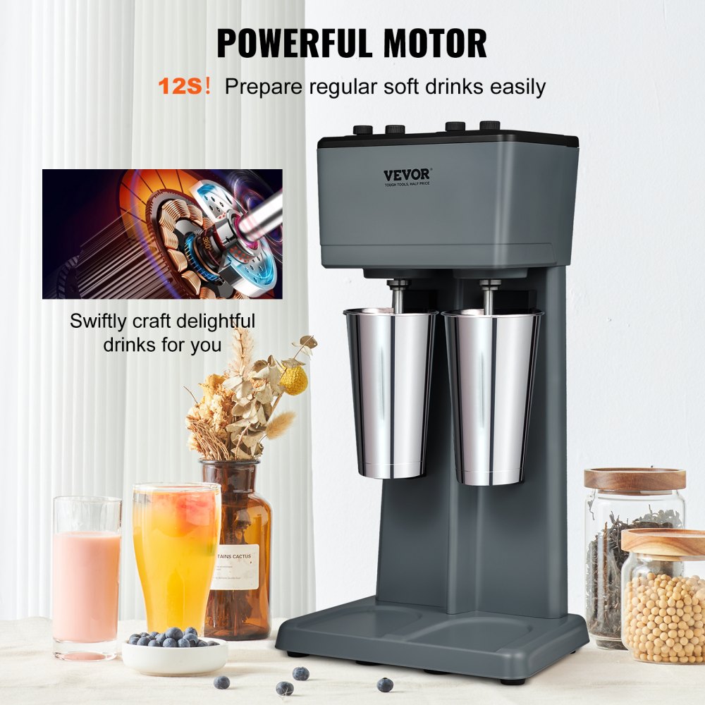VEVOR Milkshake Machine, 375W x 2 Milkshake Maker Mixer, Dual Head Drink Mixer Blender Machine, 3-Speed Milkshake