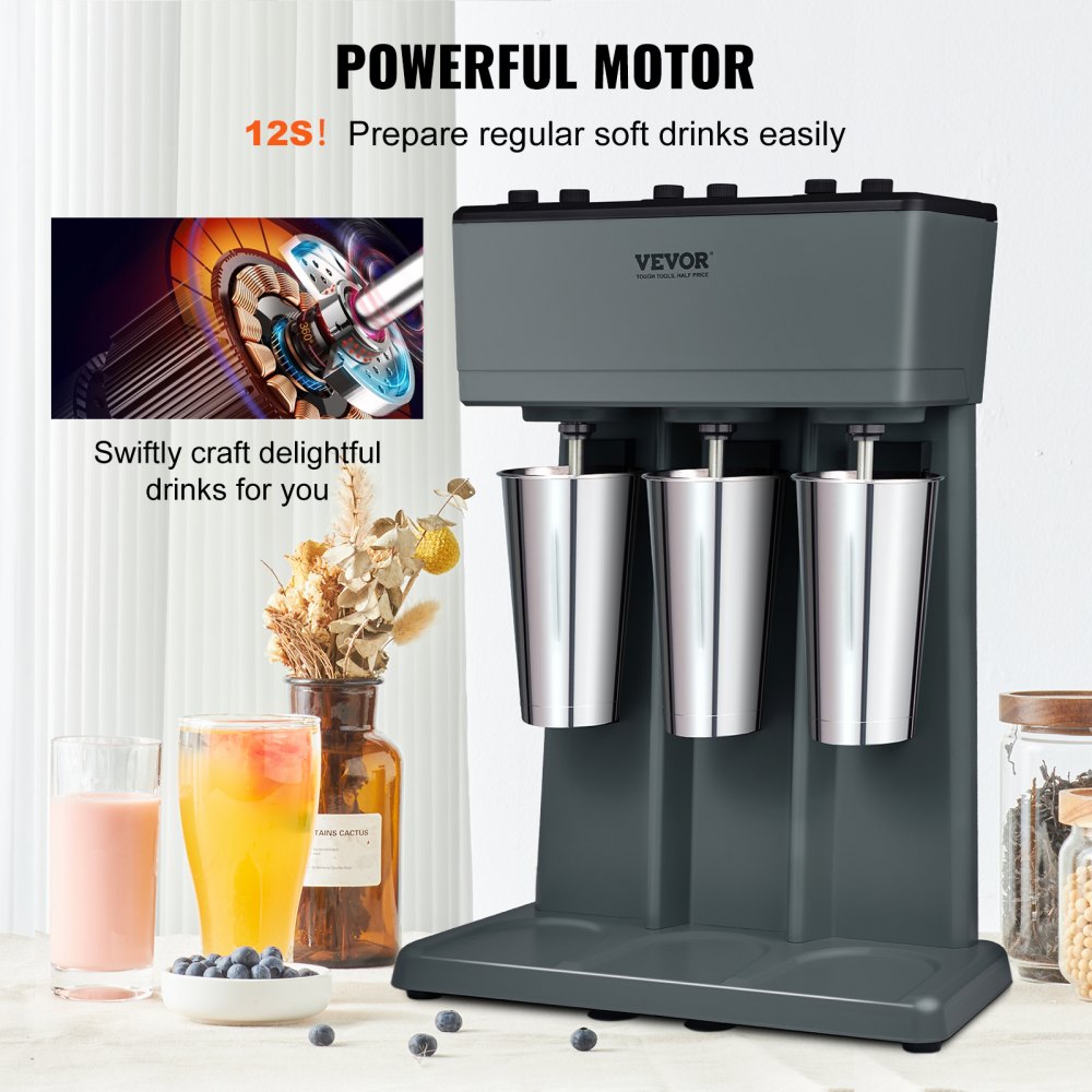 VEVOR Milkshake Machine, 375W x 3 Milkshake Maker Mixer, Triple Head Drink Mixer Blender Machine, 3-Speed Milkshake