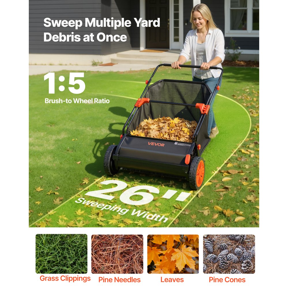 VEVOR Push Lawn Sweeper, 26 in Leaf & Grass Collector with 7 cu. ft. Hopper Bag, Adjustable Brush Height & Spinning