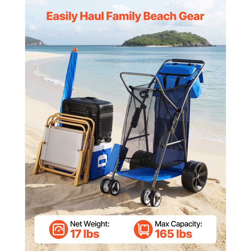 VEVOR Beach Cart with Large Wheels for Sand, 165 lbs Load Capacity, Heavy Duty Folding Beach Wagon with 10" Solid