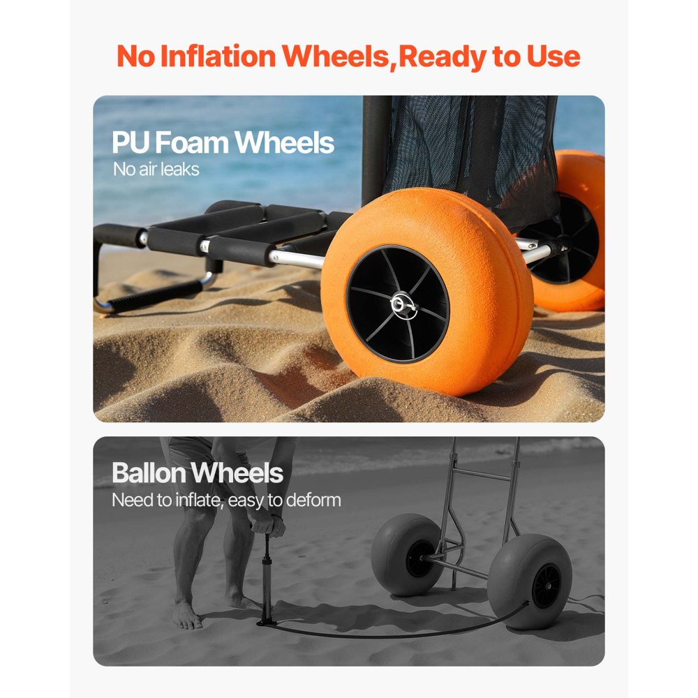 VEVOR Beach Dolly with Big Wheels for Sand, 29.9" x 15.4" Cargo Deck, w/ 12" Solid Wheels, 165LBS Loading Capacity