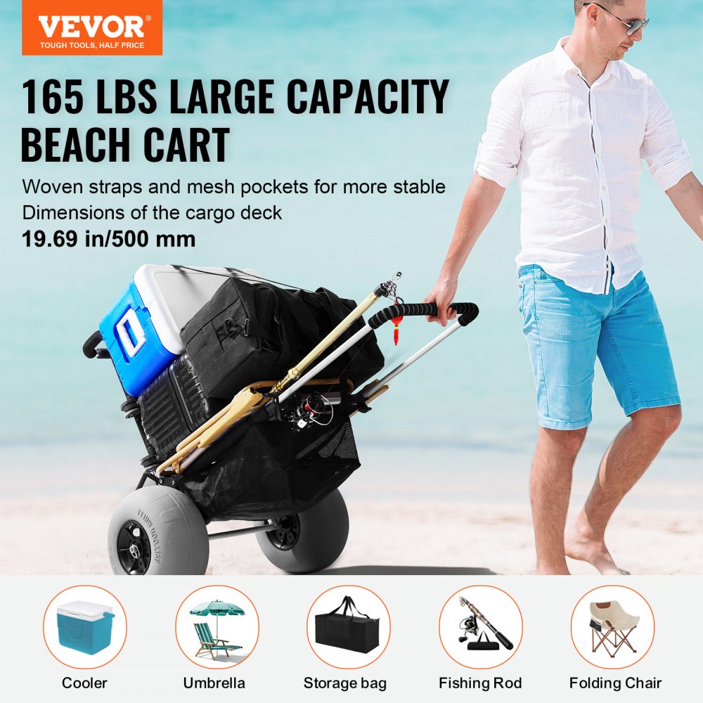 VEVOR Beach Dolly with Big Wheels for Sand, 29.9" x 15.4" Cargo Deck, w/ 12" Balloon Wheels, 165LBS Loading Capacity