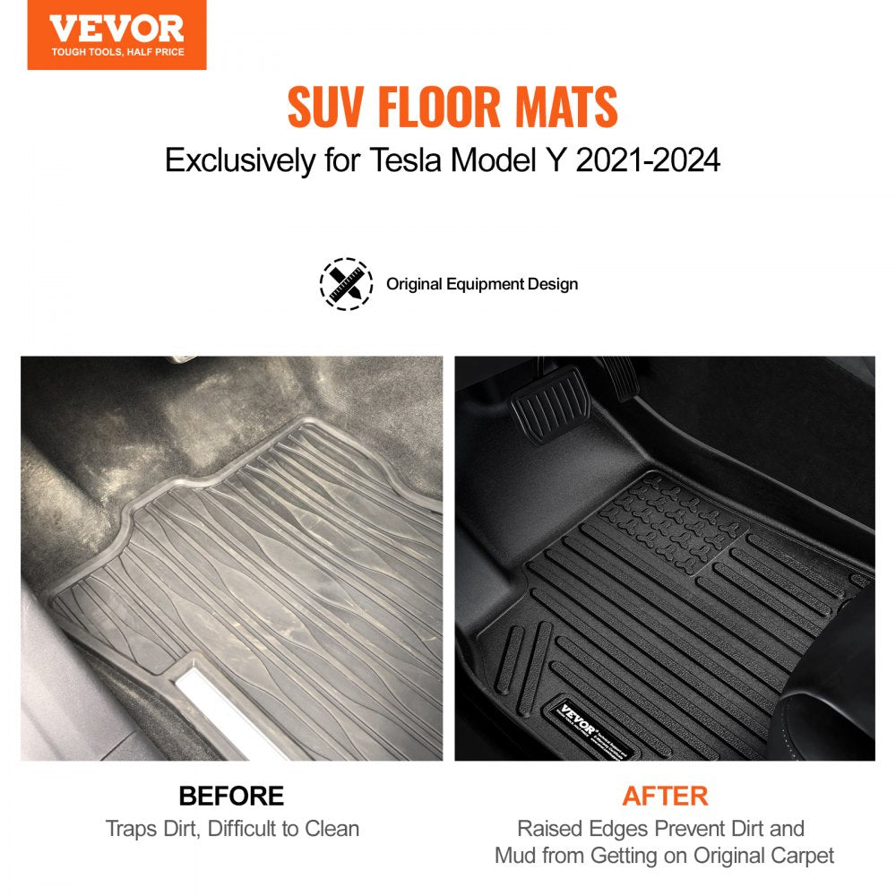 VEVOR Automotive Floor Mats, Fits for Tesla Model Y 2021-2024, 3 pcs Front and 2nd Row Liners, All Weather Custom Fit