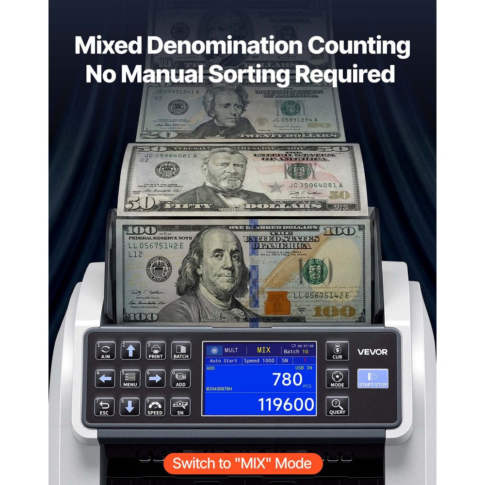 VEVOR Money Counter Machine, Mixed Denomination Bill Cash Counter with CIS/UV/MG/IR/DD/DBL/HLF/CHN Counterfeit