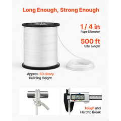 VEVOR Polyester Rope 1/4 in x 500 ft Solid Braid Marine Utility Rope White, for Outdoor Boat Docking, 1150 lbs Breaking