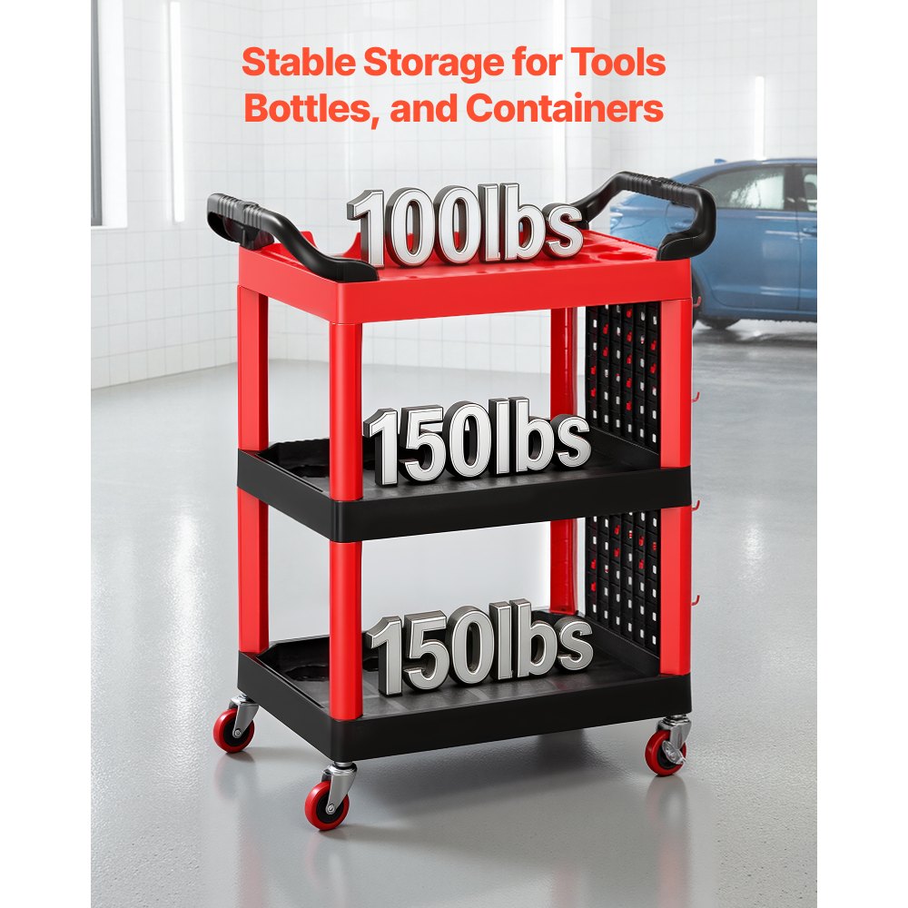 VEVOR Utility Cart, 300 lbs Capacity, 3 Tier Service Cart with 360° Swivel Wheels (2 with Brakes), Heavy Duty Plastic