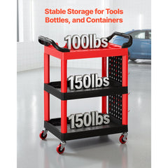 VEVOR Utility Cart, 300 lbs Capacity, 3 Tier Service Cart with 360° Swivel Wheels (2 with Brakes), Heavy Duty Plastic