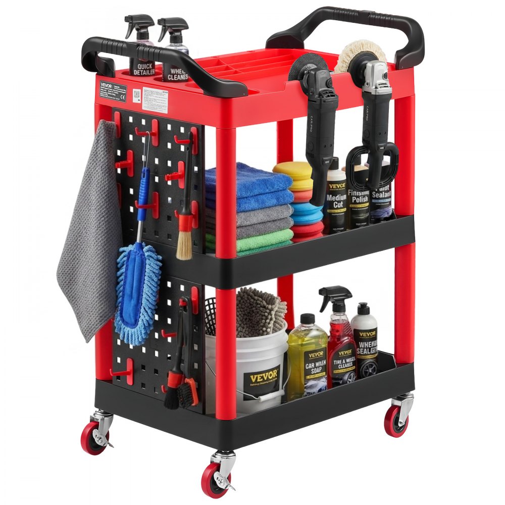 VEVOR Utility Cart, 300 lbs Capacity, 3 Tier Service Cart with 360° Swivel Wheels (2 with Brakes), Heavy Duty Plastic