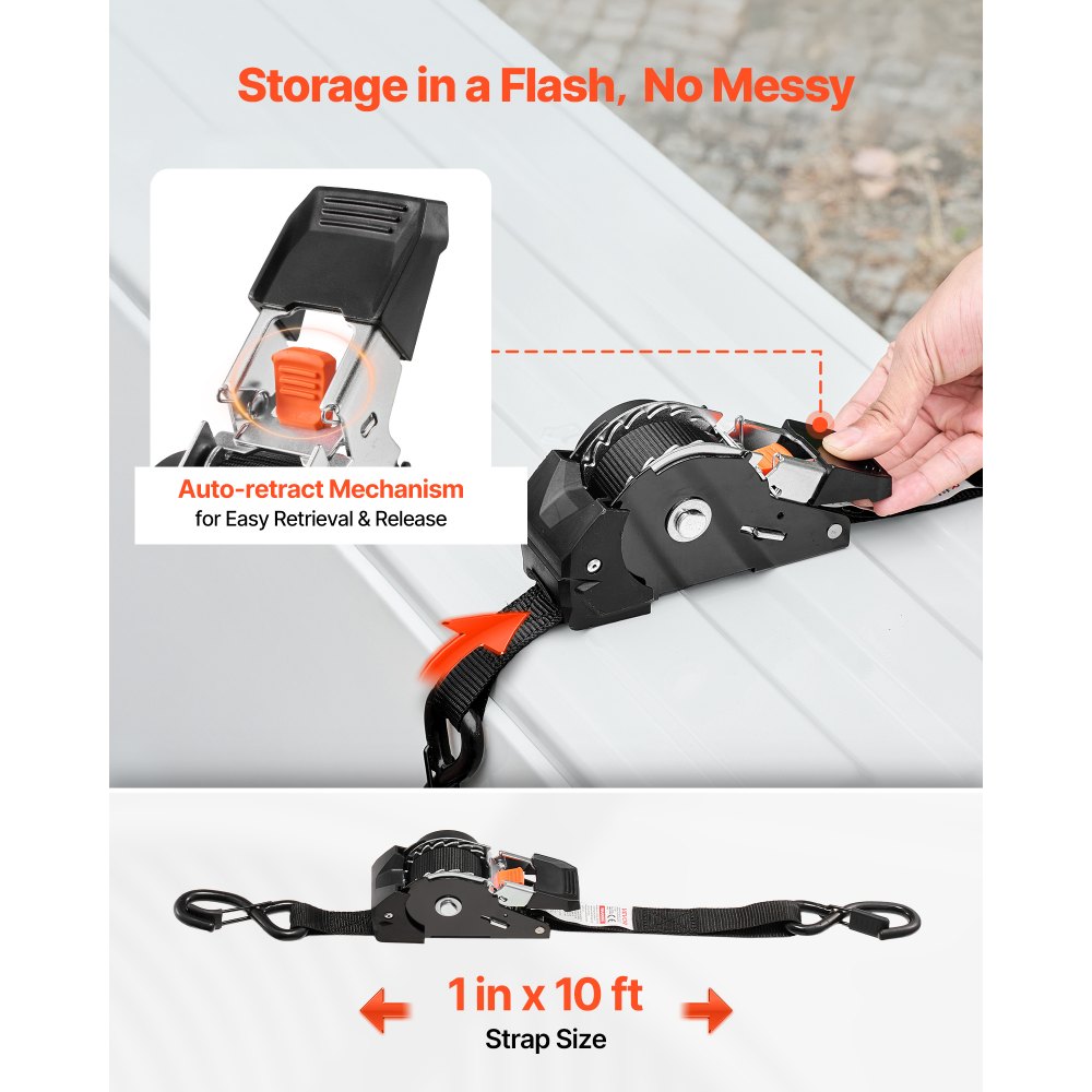 VEVOR Retractable Ratchet Straps, 1 in x 10 ft, Tie Down Straps with S Hooks, 1200 lbs Break Strength, 4 Soft Loops