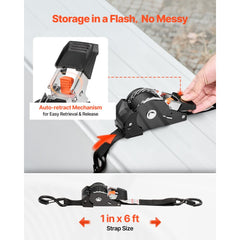 VEVOR Retractable Ratchet Straps, 1 in x 6 ft, Tie Down Straps with S Hooks, 1200 lbs Break Strength, 4 Soft Loops, Tie