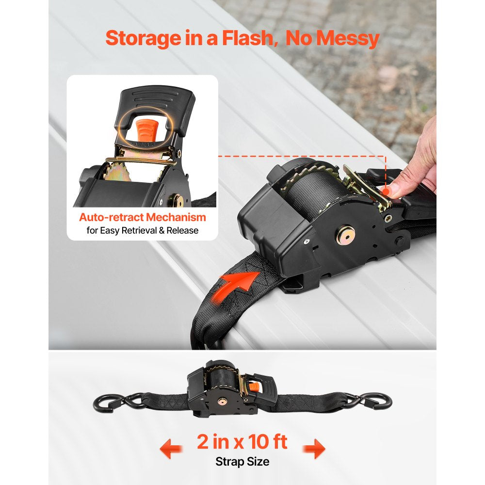 VEVOR Retractable Ratchet Straps, 2 in x 10 ft, Tie Down Straps with S Hooks, 3033 lbs Break Strength, 2 Soft Loops