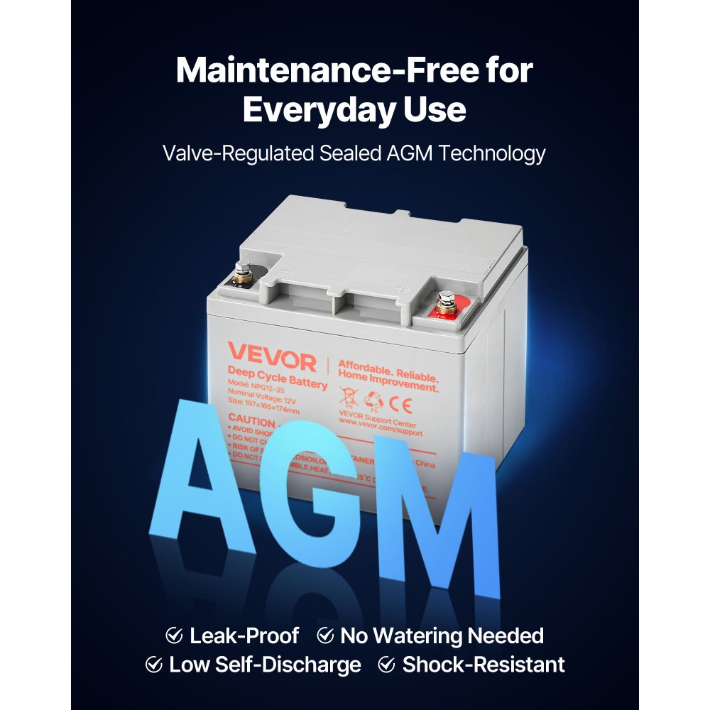 VEVOR 2 Pack 12V 35Ah Deep Cycle Battery, Sealed AGM Technology, Rechargeable Lead Acid AGM Battery, Backup Replacement