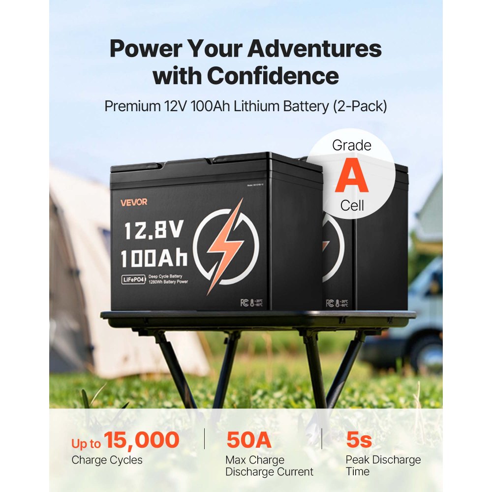 VEVOR 2 Pack 12V 100Ah LiFePO4 Battery, Up to 15000 Cycles, Deep Cycle Lithium Iron Phosphate Battery with Built-in