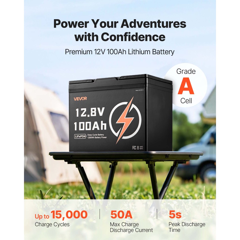 VEVOR 12V 100Ah LiFePO4 Battery, Up to 15000 Cycles, Deep Cycle Lithium Iron Phosphate Battery with Built-in BMS, Low