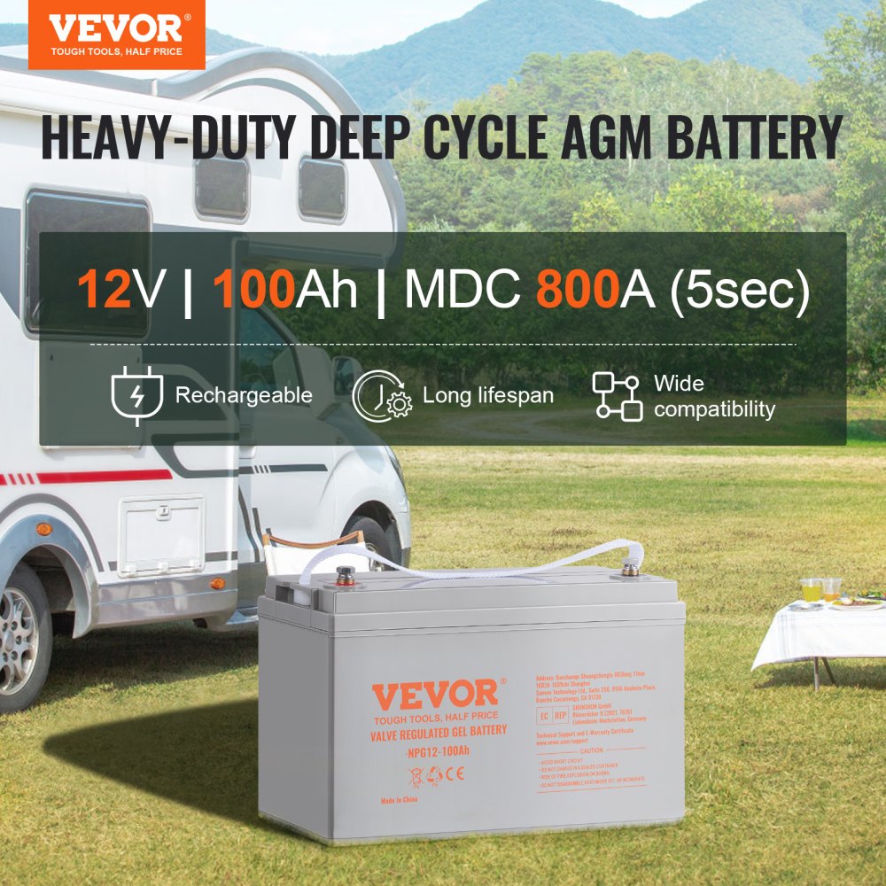 VEVOR Deep Cycle Battery, 12V 100 AH, AGM Marine Rechargeable Battery, High Self-Discharge Rate 800A Current, for RV