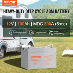 VEVOR Deep Cycle Battery, 12V 100 AH, AGM Marine Rechargeable Battery, High Self-Discharge Rate 800A Current, for RV