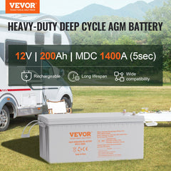 VEVOR Rechargeable AGM Marine Battery, 12V 200 AH, Designed for RV Solar Marine Off-Grid Use, UPS Backup, with a